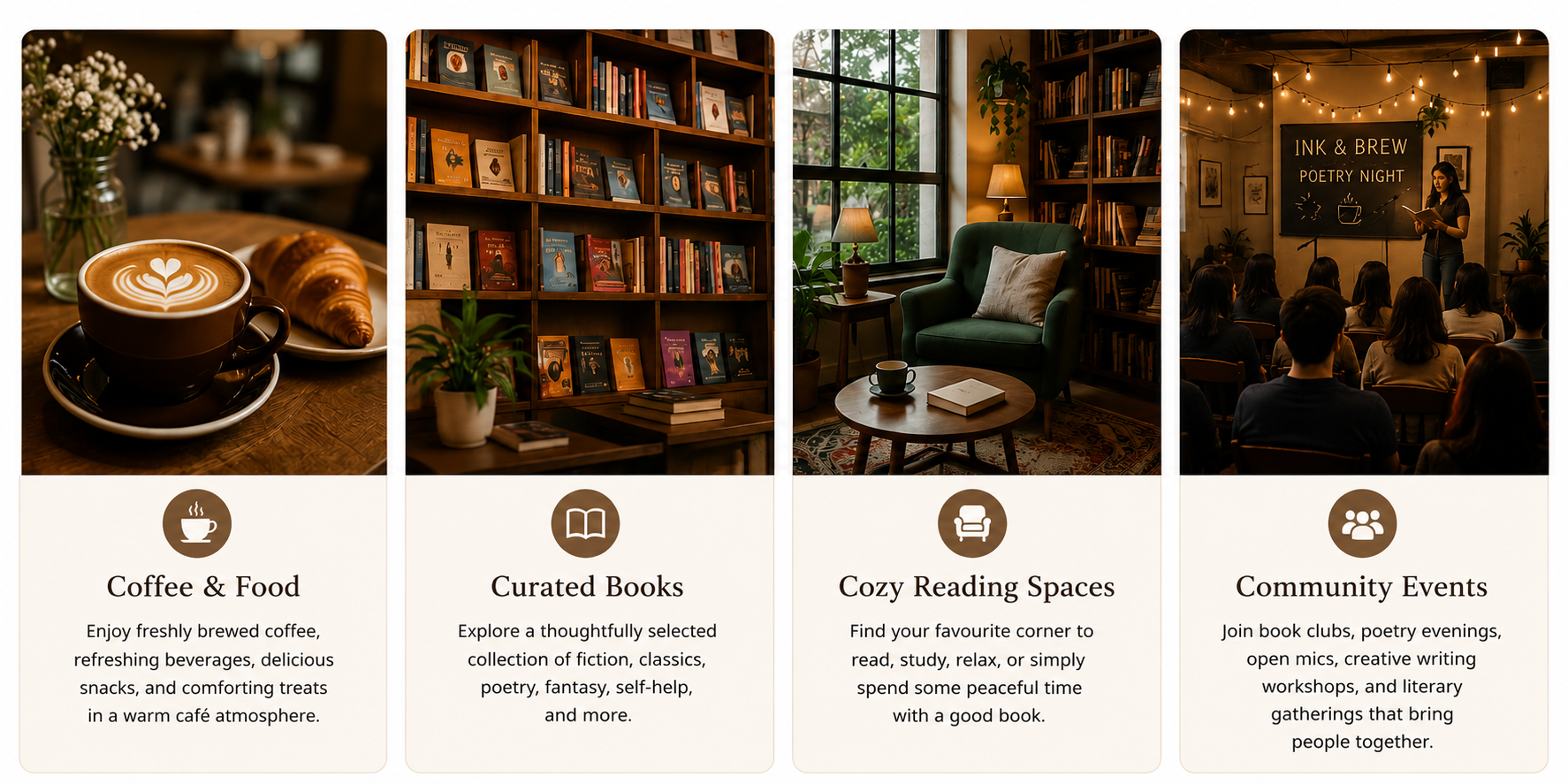 The image describes what we offer - coffee and food, books, reading space and community events